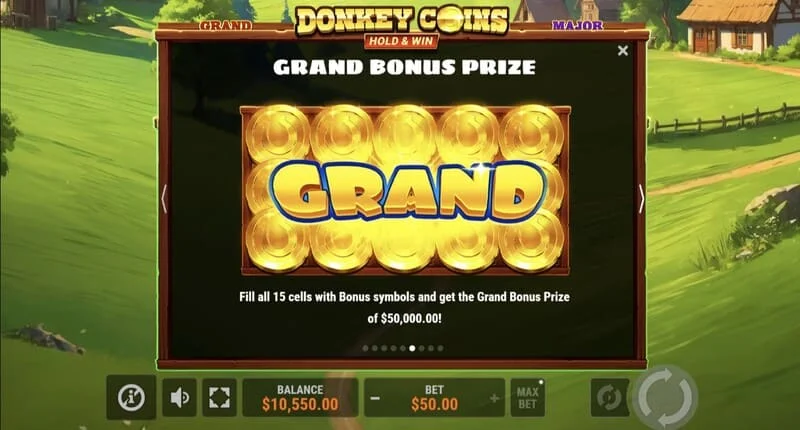 Donkey Coins Hold & Win - obrazovka s Jackpotmi Mini, Minor, Major, Grand