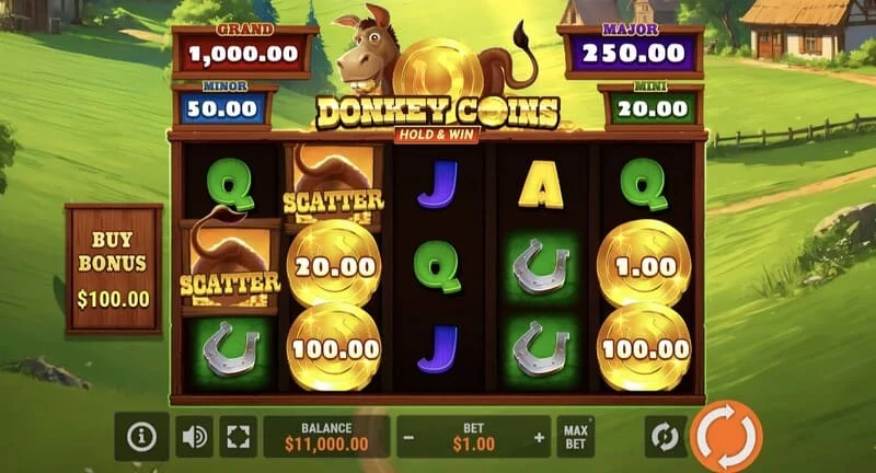 Donkey Coins Hold & Win - hlavná obrazovka s valcami